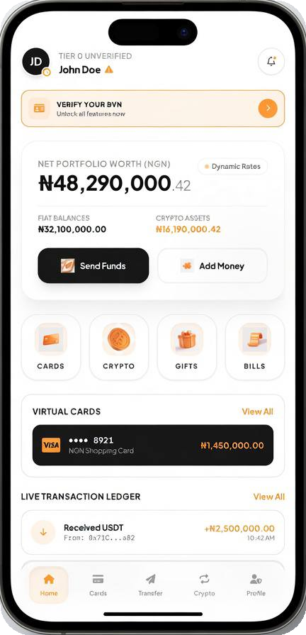 MonieAccess mobile dashboard showing portfolio balance, cards, crypto, gifts, bills, and transactions